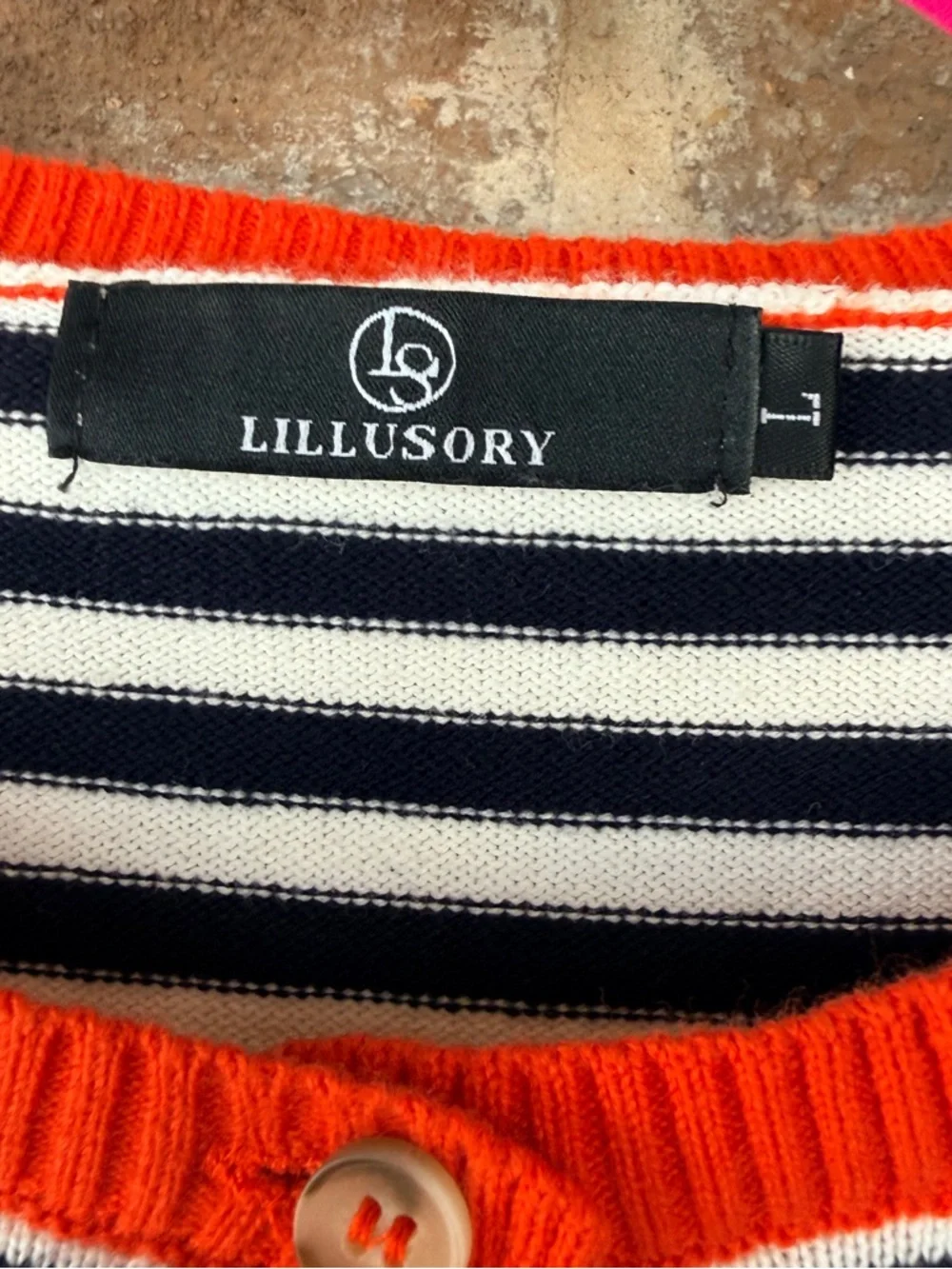Navy & White Striped Crewneck Sweater with Red Trim